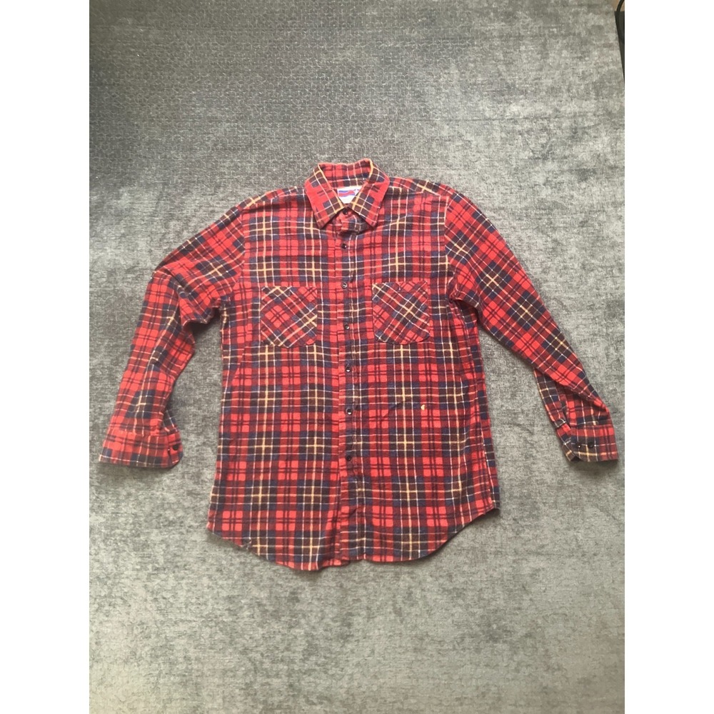 American Edition Flannel Shirt Mens Medium‎ Red Blue Plaid Long Sleeve Button-Up